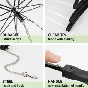Detalles de paraguas para mascota: tela transparente TPU, varillas negras, correa de acero con gancho y mango ergonómico negro.